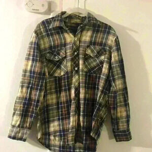 Men’s size M Windbreaker Plaid Shirt tan blue and brown 100% cotton